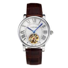 Cartier Rotonde de Cartier Automatic Tourbillion with White Dial Brown Leather Strap-18K Gold Plated Movement