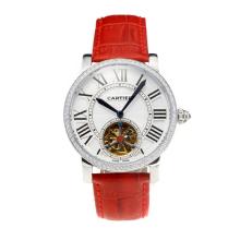 Cartier Rotonde de Cartier Automatic Tourbillion Diamond Bezel with White Dial Red Leather Strap-18K Gold Plated Movement