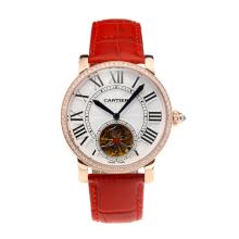 Cartier Rotonde de Cartier Automatic Tourbillion Diamond Bezel Rose Gold Case with White Dial Red Leather Strap-18K Gold Plated Movement