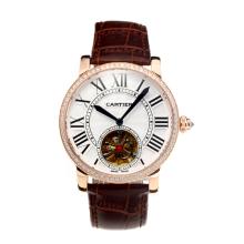 Cartier Rotonde de Cartier Automatic Tourbillion Diamond Bezel Rose Gold Case with White Dial Coffee Leather Strap-18K Gold Plated Movement