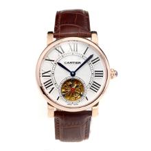 Cartier Rotonde de Cartier Automatic Tourbillion Rose Gold Case with White Dial Coffee Leather Strap-18K Gold Plated Movement