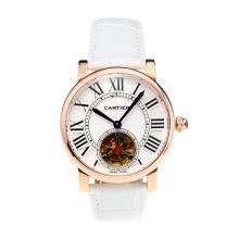 Cartier Rotonde de Cartier Automatic Tourbillion Rose Gold Case with White Dial White Leather Strap-18K Gold Plated Movement