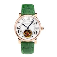 Cartier Rotonde de Cartier Automatic Tourbillion Rose Gold Case with White Dial Green Leather Strap-18K Gold Plated Movement