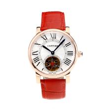Cartier Rotonde de Cartier Automatic Tourbillion Rose Gold Case with White Dial Red Leather Strap-18K Gold Plated Movement
