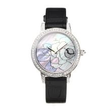 Jaeger Lecoultre Diamond Bezel with White Flower Pattern Shell Dial Leather Strap-Sapphire Glass