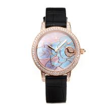 Jaeger Lecoultre Diamond Bezel Rose Gold Case with Rose Gold Flower Pattern Shell Dial Black Leather Strap-Sapphire Glass