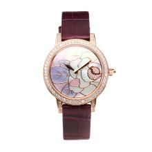 Jaeger Lecoultre Diamond Bezel Rose Gold Case with Rose Gold Flower Pattern Shell Dial Purple Leather Strap-Sapphire Glass