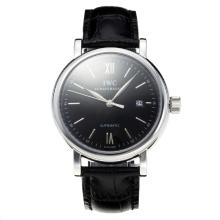 IWC Swiss ETA 2824 Automatic with Black Dial Leather Strap-Silver Markers-Sapphire Glass