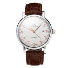 IWC Swiss ETA 2824 Automatic with White Dial Leather Strap-Number Markers-Sapphire Glass