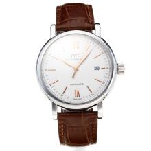 IWC Swiss ETA 2824 Automatic with White Dial Leather Strap-Rose Gold Markers-Sapphire Glass