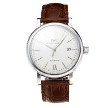 IWC Swiss ETA 2824 Automatic with White Dial Leather Strap-Silver Markers-Sapphire Glass