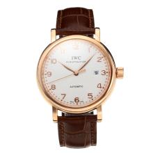 IWC Swiss ETA 2824 Automatic Rose Gold Case with White Dial Leather Strap-Number Markers-Sapphire Glass