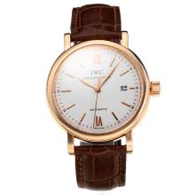 IWC Swiss ETA 2824 Automatic Rose Gold Case with White Dial Leather Strap-Stick Markers-Sapphire Glass