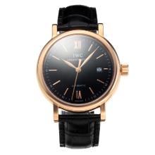 IWC Swiss ETA 2824 Automatic Rose Gold Case with Black Dial Leather Strap-Sapphire Glass