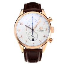 Tag Heuer Carrera Working Chronograph Rose Gold Case with White Dial Leather Strap