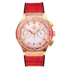 Hublot Big Bang Working Chronograph Diamond Bezel Rose Gold Case with White Dial Red Rubber Strap