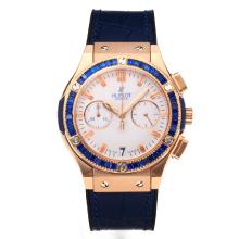 Hublot Big Bang Working Chronograph Diamond Bezel Rose Gold Case with White Dial Blue Rubber Strap