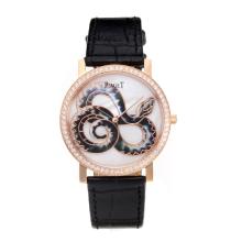 Piaget Dragon & Phoenix Collection Diamond Bezel Rose Gold Case with White Dial Leather Strap
