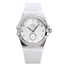 Omega Constellation Diamond Bezel with White Dial Leather Strap