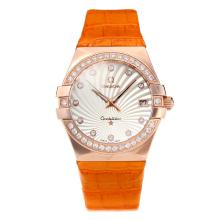 Omega Constellation Automatic Diamond Bezel Rose Gold Case with White Dial-Orange Leather Strap