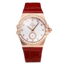 Omega Constellation Diamond Bezel Rose Gold Case with White Dial Red Leather Strap
