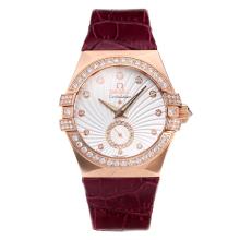 Omega Constellation Diamond Bezel Rose Gold Case with White Dial Purple Leather Strap