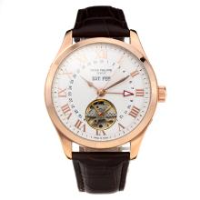 Patek Philippe Automatic Tourbillon Rose Gold Case with White Dial Leather Strap-1
