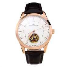 Jaeger Lecoultre Tourbillon Automatic Rose Gold Case with White Dial Leather Strap-2