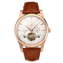 Jaeger Lecoultre Tourbillon Automatic Rose Gold Case with White Dial Leather Strap