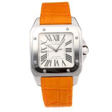 Cartier Santos 100 Swiss ETA 2688 Automatic Movement with White Dial Orange Leather Strap-Sapphire Glass