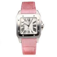 Cartier Santos 100 Swiss ETA 2688 Automatic Movement with White Dial Pink Leather Strap-Sapphire Glass