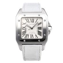 Cartier Santos 100 Swiss ETA 2688 Automatic Movement with White Dial White Leather Strap-Sapphire Glass