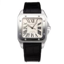 Cartier Santos 100 Swiss ETA 2688 Automatic Movement with White Dial Black Leather Strap-Sapphire Glass