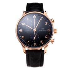IWC Chronograph Asia Valjoux 7750 Movement Rose Gold Case with Black Dial Black Leather Strap-Sapphire Glass