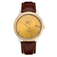 Omega De Ville Diamond Yellow Gold Case with Golden Dial Leather Strap-Sapphire Glass