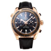 Omega Seamaster Working Chronograph Ceramic Bezel Rose Gold Case with Black Dial Leather Strap