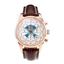 Breitling Transocean Chronograph Asia Valjoux 7750 Movement Rose Gold Case with White Dial Leather Strap-Sapphire Glass