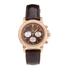 Omega De Ville Working Chronograph Diamond Bezel Rose Gold Case with Brown Dial Leather Strap-Sapphire Glass-1