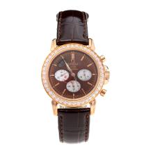 Omega De Ville Working Chronograph Diamond Bezel Rose Gold Case with Brown Dial Leather Strap-Sapphire Glass