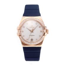 Omega Constellation Diamond Bezel Rose Gold Case with White Dial Rubber Strap Same Chassis as the Swiss Version