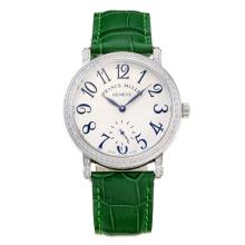 Frank Muller Master Square Diamond Bezel with White Dial Green Leather Strap