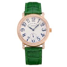 Frank Muller Master Square Diamond Bezel Rose Gold Case with White Dial Green Leather Strap