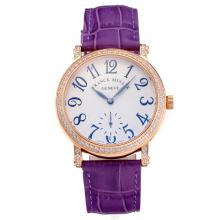 Frank Muller Master Square Diamond Bezel Rose Gold Case with White Dial Purple Leather Strap