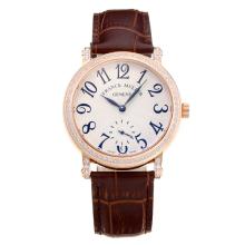 Frank Muller Master Square Diamond Bezel Rose Gold Case with White Dial Brown Leather Strap