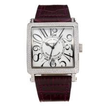 Frank Muller Master Square Diamond Bezel with White Dial Purple Leather Strap