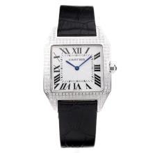 Cartier Diamond Bezel with White Dial Leather Strap
