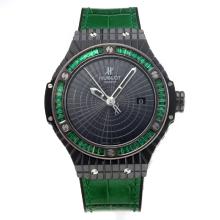 Hublot Big Bang Swiss ETA 2836 Movement Green Diamond Bezel PVD Case with Black Dial Green Strap-Sapphire Glass
