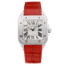 Cartier Santos Diamond Case with White Dial Red Leather Strap-Sapphire Glass