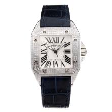 Cartier Santos Diamond Case with White Dial Blue Leather Strap-Sapphire Glass
