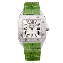 Cartier Santos Diamond Case with White Dial Green Leather Strap-Sapphire Glass
